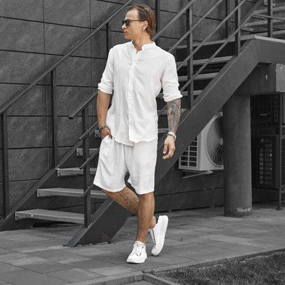 Чоловічий літній комплект сорочка біла + шорти білі, чоловічий костюм far3 фото