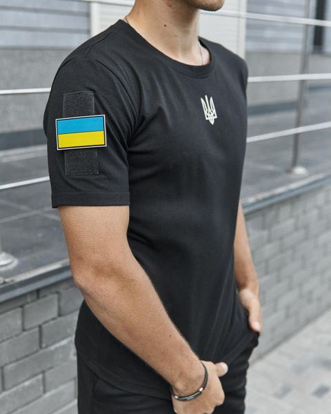 Футболка чоловіча з гербом України однотонна патріотична з липучкою для шевронів і змійкою чорний 1522592348 фото