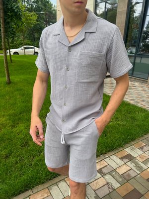 Летний муслиновый комплект рубашка+шорты серый 1688064815 фото