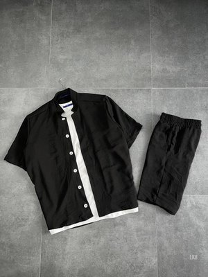 Мужской костюм лен рубашка + шорты (черный) lk8 фото
