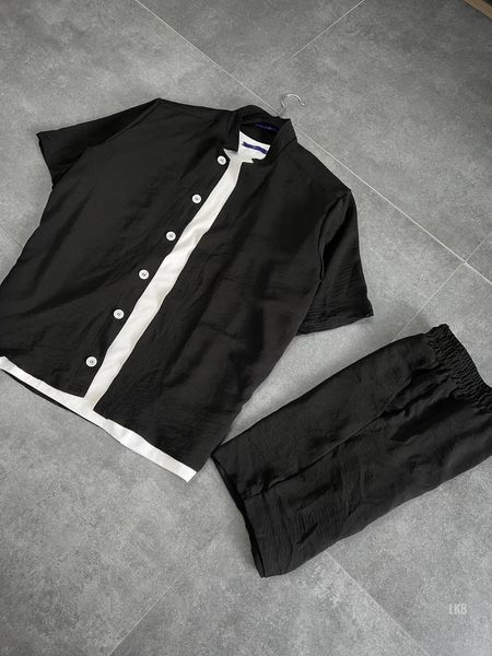 Чоловічий костюм льон сорочка + шорти (чорний) lk8 фото