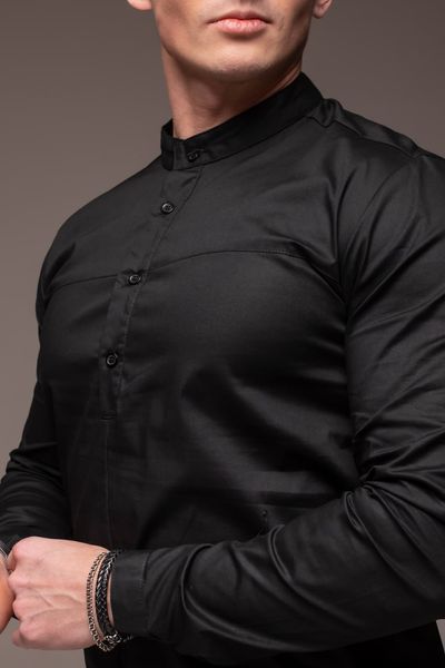Мужская рубашка классическая приталенная без воротника черная 1421 фото