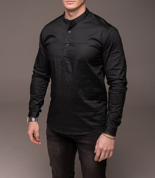 Чоловіча сорочка класична приталена без коміра чорна 1421 фото