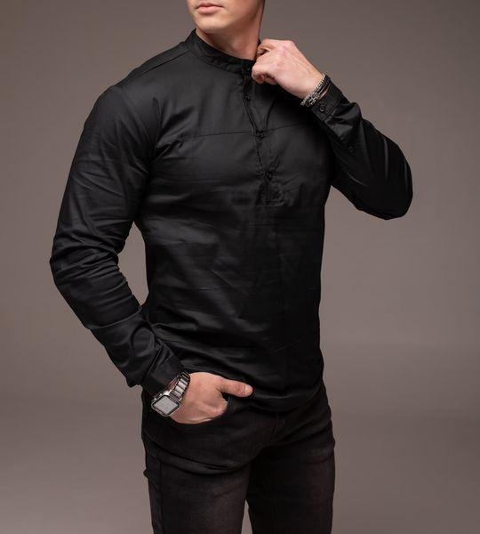 Мужская рубашка классическая приталенная без воротника черная 1421 фото