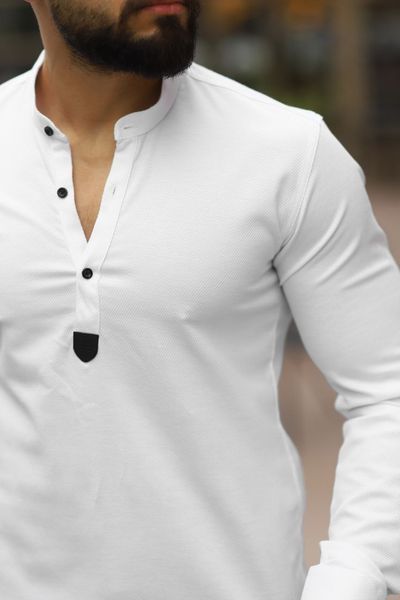 Сорочка чоловіча приталена класична без коміра під джинси біла 770530-1 фото