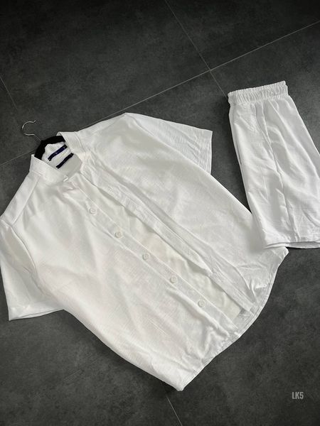 Чоловічий костюм льон сорочка + шорти (білий) lk5 фото