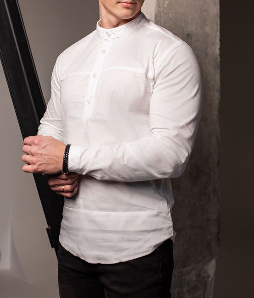 Мужская рубашка классическая приталенная без воротника белая 1420 фото