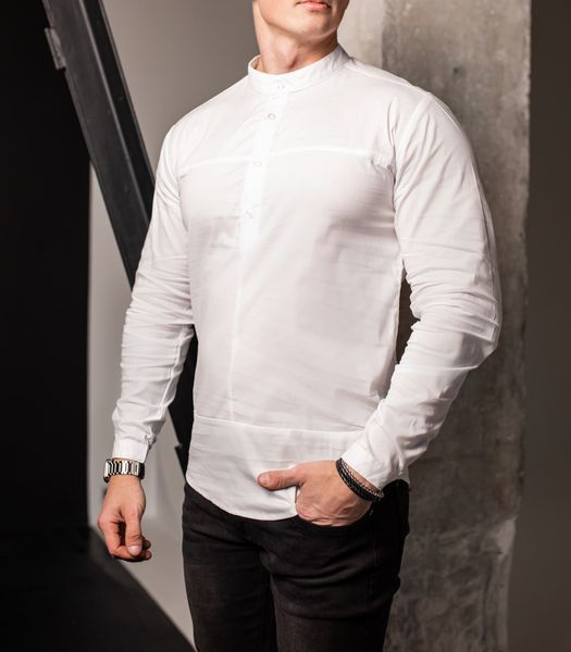 Мужская рубашка классическая приталенная без воротника белая 1420 фото