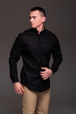 Мужская черная рубашка из льна, длинный рукав, воротник стойка 2245 фото