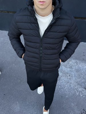 куртка мужская стеганая с капюшоном осенняя демисезонная черная 770635 фото