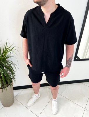 Мужской льняной летний костюм свободного кроя черный 1410bla фото