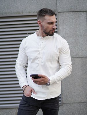 Рубашка льняная мужская классическая приталенная без воротника белая 1686162149 фото