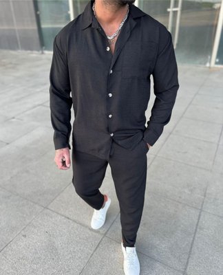 Костюм чоловічий класичний лляна сорочка та штани чорний комплект 770559-1 фото