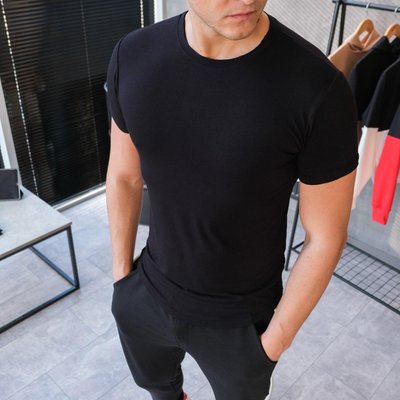 Базовая однотонная футболка черная мужская slim1 фото