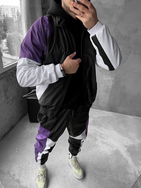 Спортивний чоловічий костюм плащівка трикольоровий фіолетовий ksp9 фото