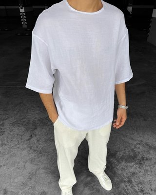 Мужская льняная оверсайз футболка белая dan4 фото