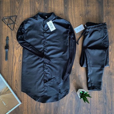Классический комплект мужской, рубашка черная приталенная и штаны черные 433443-6 фото