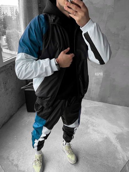 Спортивний чоловічий костюм плащівка трикольоровий синій ksp10 фото
