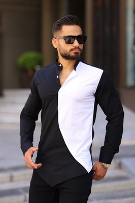 Рубашка мужская приталенная классическая под джинсы черно белая 770529-2 фото
