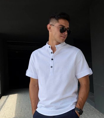 Рубашка мужская льняная с коротким рукавом классическая белая 770594 фото