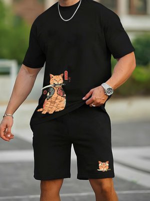 Мужской комплект летняя футболка и шорты костюм черный Кот pfs2 фото