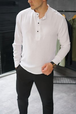 Чоловіча сорочка приталена однотонна з довгим рукавом Американський креп біла 770197 фото