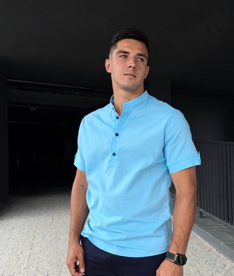 Рубашка мужская льняная с коротким рукавом классическая голубая 770594-1 фото
