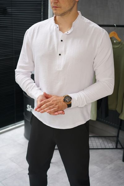 Чоловіча сорочка приталена однотонна з довгим рукавом Американський креп біла 770197 фото