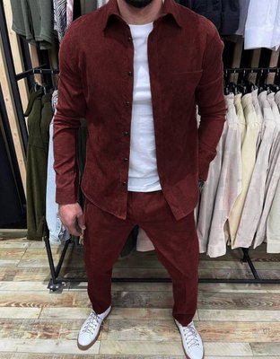 костюм мужской вельветовый повседневный бордовый, комплект рубашка и штаны 770616-3 фото