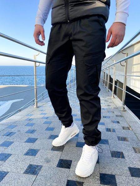 Штаны карго мужские, джоггеры с накладными карманами черные 3020-SL фото
