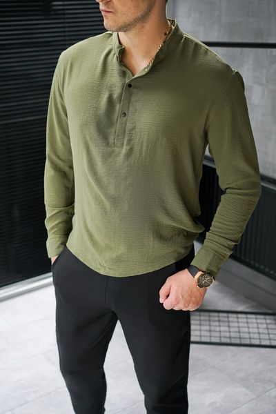 Чоловіча сорочка приталена однотонна з довгим рукавом Американський креп хакі 770197-1 фото