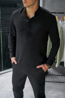 Мужская рубашка приталенная однотонная с длинным рукавом американский креп черная 770197-2 фото