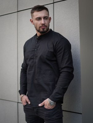 Рубашка льняная мужская классическая приталенная без воротника черная 1686162020 фото