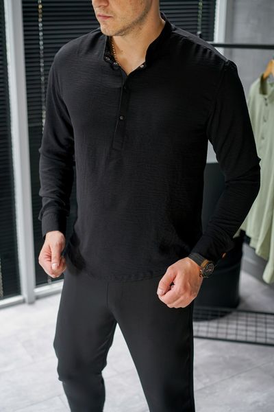 Чоловіча сорочка приталена однотонна з довгим рукавом Американський креп чорна 770197-2 фото