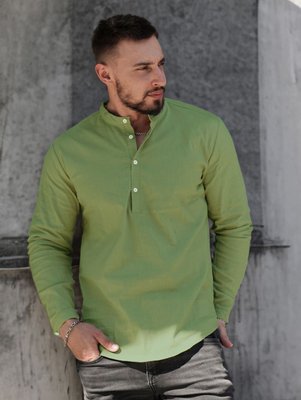 Рубашка льняная мужская классическая приталенная без воротника зеленая 1713775098 фото