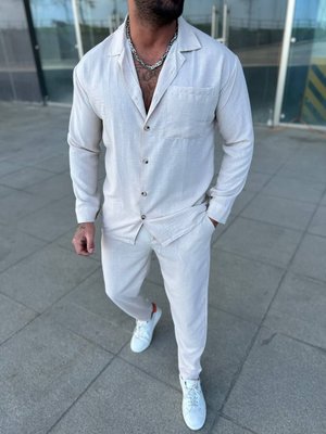 Костюм чоловічий класичний лляна сорочка та штани білий комплект 770559-2 фото