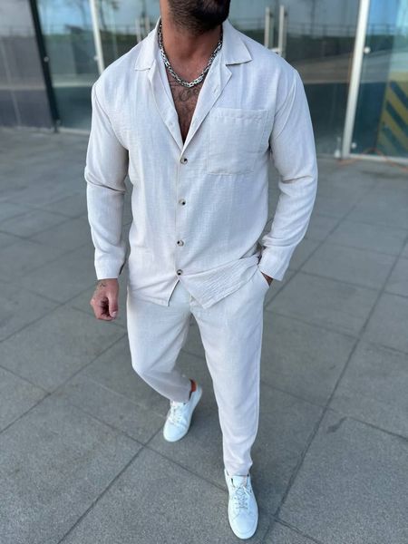 Костюм чоловічий класичний лляна сорочка та штани білий комплект 770559-2 фото